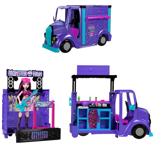 Monster High Koncertowy Food Truck + Lalka Zestaw dla dzieci od 4 lat z rozkładaną sceną oraz ponad 13 akcesoriami z motywem muzyki i jedzenia, HXH83