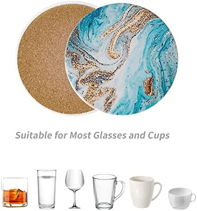 Ceramic Coasters set of 6, Round Ceramic Coasters with Holder Absorbent Ceramic Stone Coaster Cup Pad Cork Base, Accessories for Home Bar Living Room Kitchen Decor