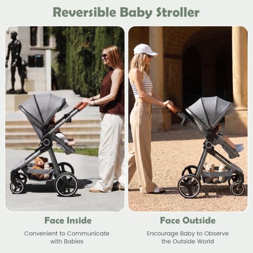 Image of INFANS 2 in 1 Baby Stroller, Newborn Convertible Stroller Bassinet for Infant, Foldable High Landscape Shock Absorption with Reversible Seat, Aluminum Structure for Toddler Pushchair 0-36 Month