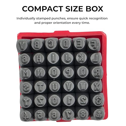 Image of NEIKO 02630A Number and Letter Punch Set with Heat-Treated Steel Punches, Imprinting & Arts and Crafts, 3 /32 inch (2.5MM) Shaft, 36 Pc Stamp Set, Uppercase Letter & Number Punch Set (A-Z / 0-8 / inch& inch)