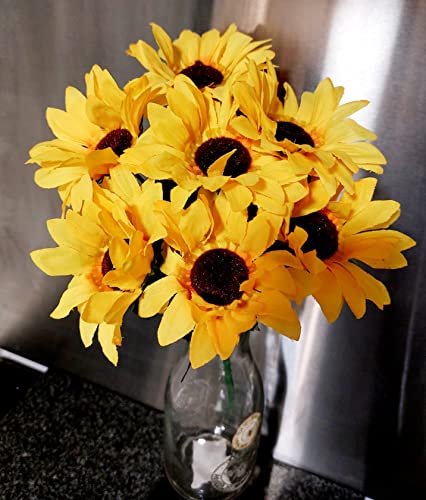 Image of Yellow Sunflower Bunch Artificial Flowers Silk Bunch With 7 X 9cm Diameter Sunflowers With Greenery & Foliage Home Decor Wedding Funeral Memorial Grave Flowers Craft Floristry Length 30cm