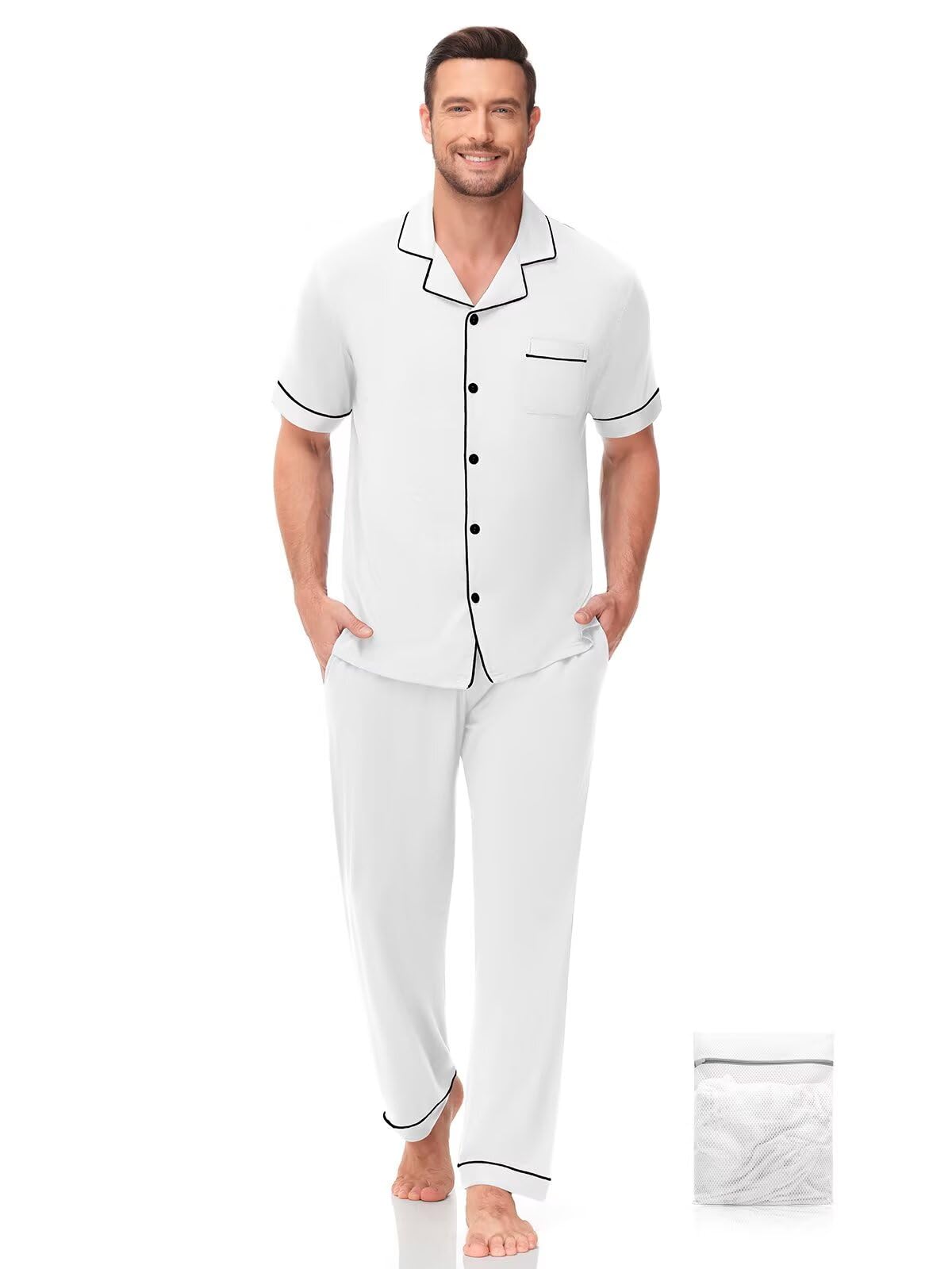 YOPUGEE Men Pajamas Set Two Pieces Short Sleeve Sleepwear Button Down Loungewear Set Soft Modal Pj Set with Pockets