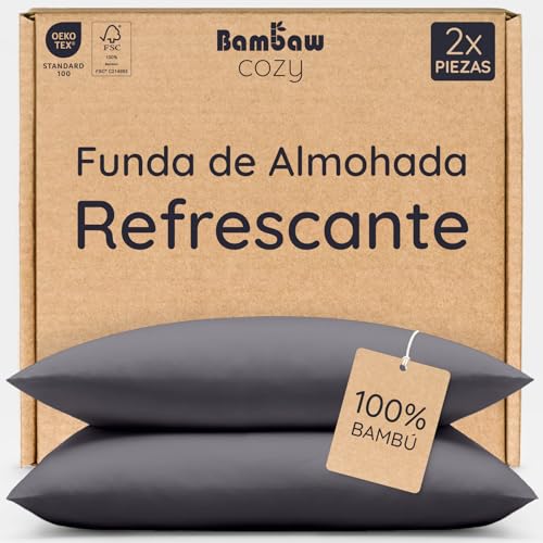 Bambaw Fundas Almohada 50x70 cm Bambú, Pack de 2, Sabana Frio Verano e Invierno, Sábanas Antiácaros y Antiarrugas, Sabanas de Bambu Frío y Suave, Funda Almohada 50x70 Hipoalergenico (Antracita)