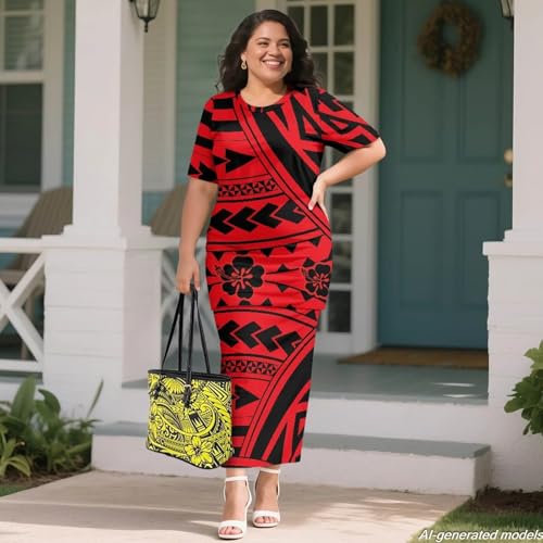 Image of Polynesian Dress for Women Short Sleeve High Waist Maxi Skirt | Puletasi dress, t-shirt and skirt two-piece, elastic material, lightweight, soft, plus size, luau party, wedding, clubwear