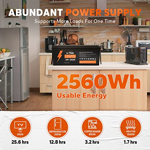 Image of LiTime 24V 100Ah LiFePO4 Battery with 20A IP67 Waterproof Battery Charger, 4000+ Deep Cycles, Built-in 100A BMS, 2560Wh for Off-grid RVs, Marine Living