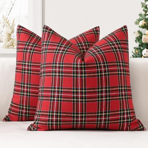 JOTOM Set of 2 Classic Plaids Cushion Covers 60x60 cm Christmas Scottish Tartan Plaid Soft Solid Decorative Throw Pillow Covers Home Decor Outdoor Cushion Case for Sofa Bedroom (Red Black)