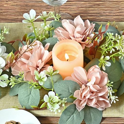 Alipis Candle Rings Artificial Flower Leaves Wreaths Tealight Rings Floral Wreath Pillars Candleholder Front Door Garland for Boho Wedding Party Home Table Centerpiece