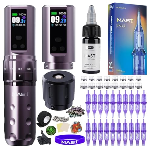 Mast Fold2 Pro Tattoo Kit, Cordless Complete Tattoo Gun Machine Kit, 2 Batteries 2000mAh Power Supply for Long Time, Needles Cartridges Black Tattoo Ink Kit (Pink-Coffee)