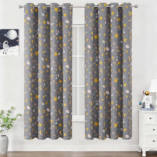 Image of Unicorn Planet Grey Room Darkening Curtains 72 Inch Length for Kids Bedroom | Estelar Textiler Boys Blackout Curtains for Playroom,Star Moon Print,Thermal Insulated Grommet Drapes,52Wx72L,2 Panels