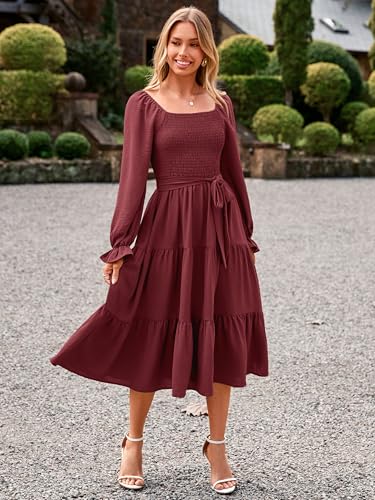 Image of Simplee Womens Long Sleeve Maxi Dress Casual Square Neck Smocked Flowy Fall Wedding Guest Dresses