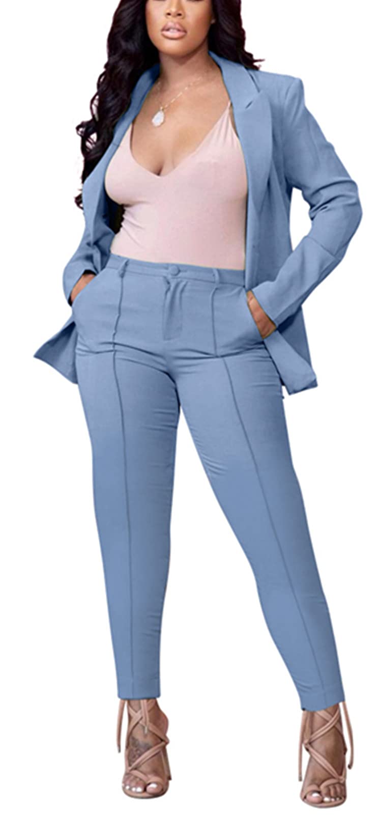 Women's 2 Piece Outfit Deep V Long Sleeve Solid Color Blazer with Pants Elegant Business Suit Sets