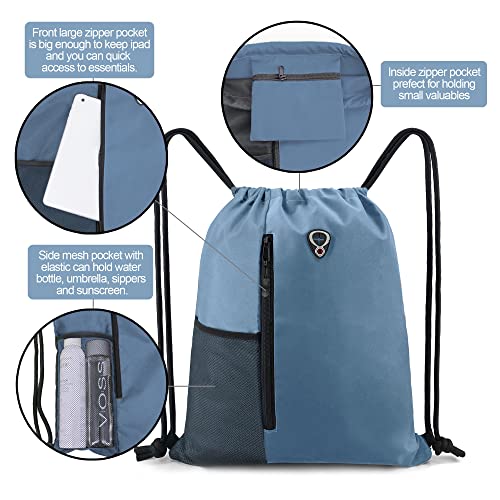 Image of BeeGreen Blue Drawstrings Backpack Gym Sack For Men With Water Bottle Pocket &Front Zippered Pocket Large Sting Bags For WomenTraveling Yoga Beach Outdoor Gym