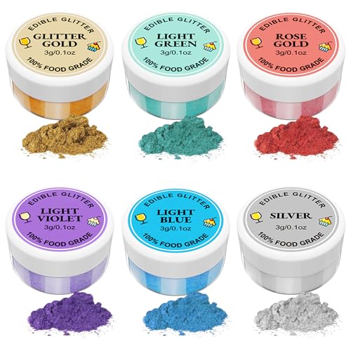 Edible Glitter 6 x 3g Edible Glitter for Drinks Lustre Dust Edible 6 Color Set Food Colouring Powder Baking Glitter for Chocolate Strawberries Cakes Fondant Drinks Cocktails Odorless Vegan