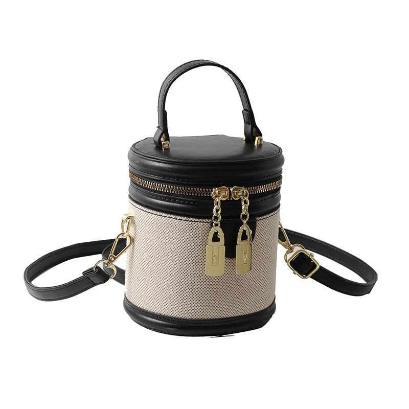 Image of Retro Bucket Bag Color Contrast Cylinder Purse | Senior Sense Style, Single Shoulder Crossbody, Zipper Closure, 4.7x6