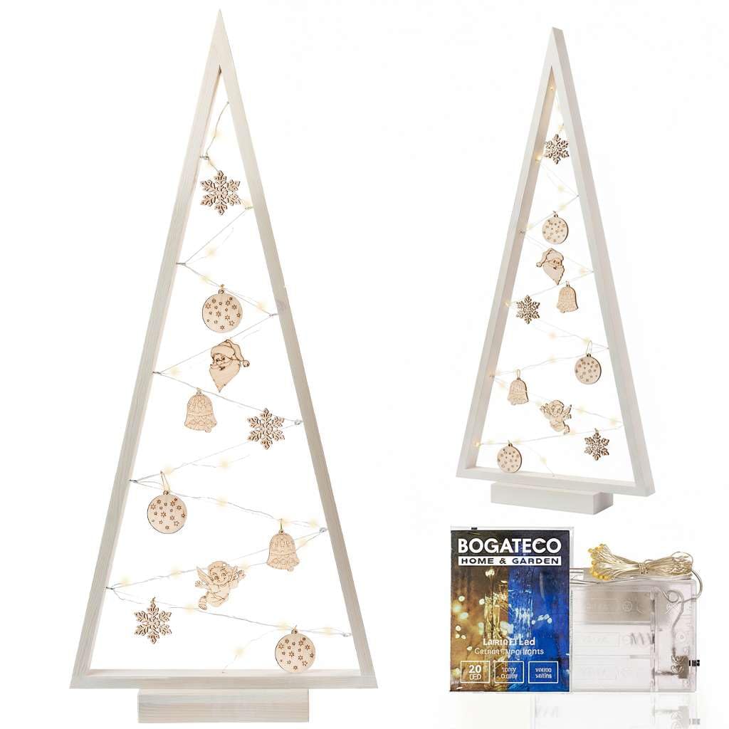 BOGATECO Albero di Natale in legno con illuminazione LED 104 cm di altezza | Decorazione in legno inclusa | Decorazioni natalizie | 30 LED |