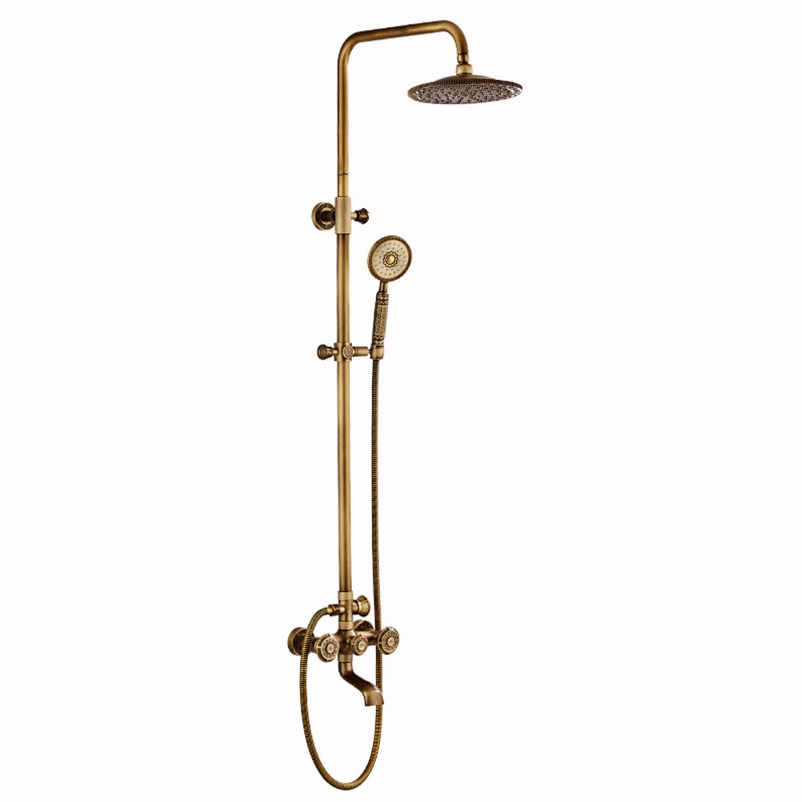 CWCQGH Shower Faucets Set Antique Brass, Brass Wall Mounted Double Handle Bathtub Mixer Faucet Set, Vintage Rainfall Shower System with Tub Spout