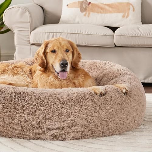 Image of ZEXSAZONE Summer Round Donut Pet Bed for Cats and Puppies Dogs Mat, Cozy and Plush, Raised Bedside Support, Both Sides Use Like 2 in One Washable, Sizes for Small, Medium, and Large Pets Brown