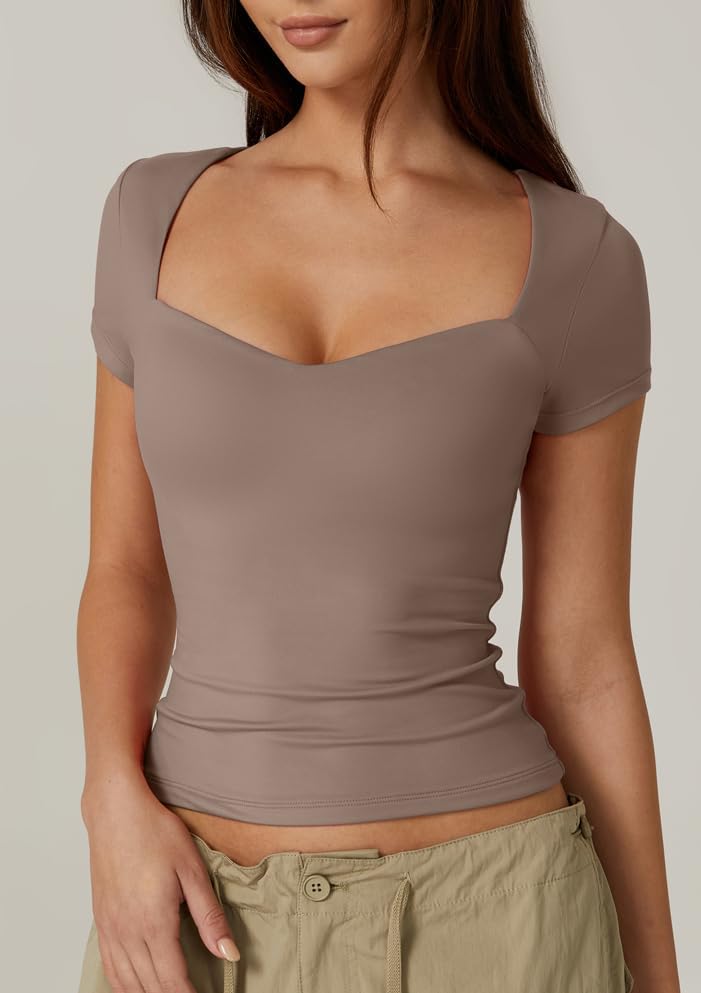 QINSEN Womens Sweetheart Neck Short Sleeve T Shirts Slim Fit Basic Tee Trendy Crop Top - Image 3