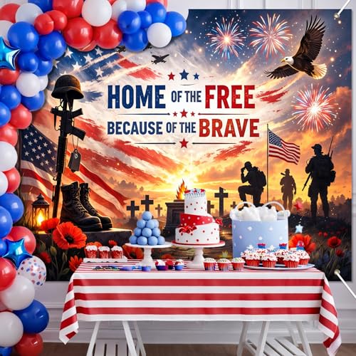 Image of BlissYard Veterans Memorial Backdrop Military Appreciation Banner Patriotic Soldier Tribute Decorations 8x6ft Home of the Free Because of the Brave Veterans Day Memorial Day Independence Day Decor