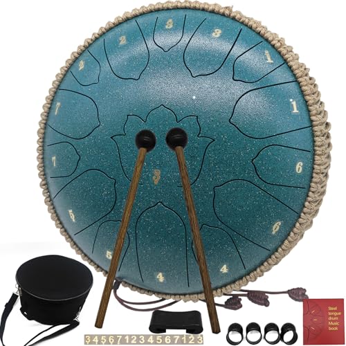 BETESINE 13 Inch 15 Note Steel Tongue Drum – Handpan Drum & Rain drum for Yoga & Stress Relief – Includes Mallets, Music Book & Carrying Bag – Rain Drum for Meditation (Malachite Green)