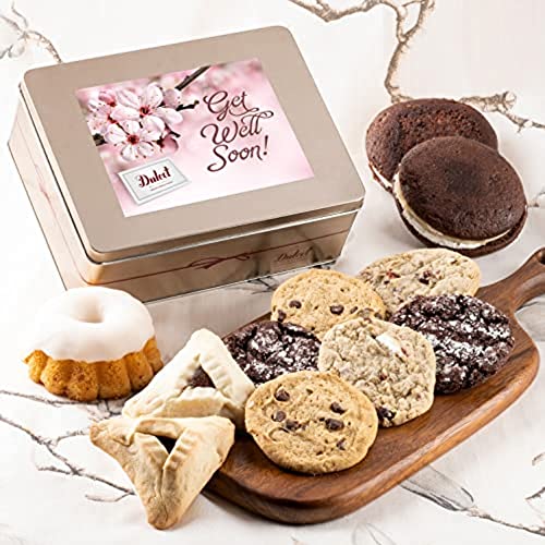 Dulcet Gift Baskets Get Well Soon Tasteful Treats Tin Gift Basket Filled with Gourmet Bakery Goods Ideal Gift Idea for, Wife, Girlfriend, Mom, Daughter, Dad, Son, or Coworker.