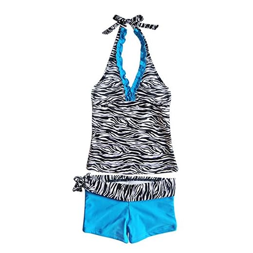 iEFiEL Mädchen Kinder Zebra 2tlg. Tankini Bikini Set Höschen Bademode Badeanzug (176, Blau)