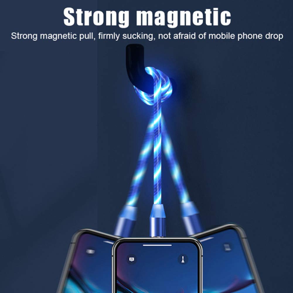 Streamer - Cable de carga magnético LED, cable de carga rápida de 3 A con rotación de 360° y 3 adaptadores (micro USB/i-Products/tipo C) compatible con todos los teléfonos inteligentes (6 pies-2 m)