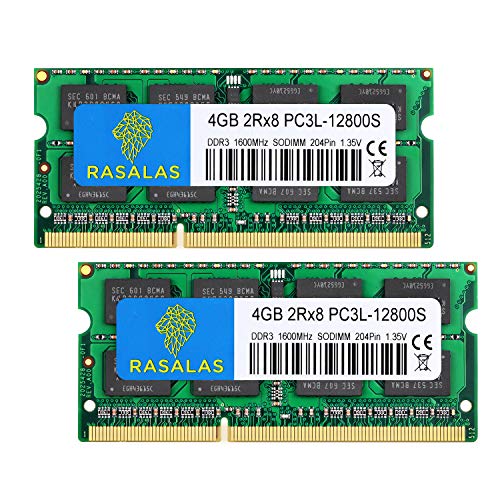Rasalas 8GB Kit 2x4GB PC3 12800 DDR3L 1600MHz SODIMM 4GB DDR3 1600 2Rx8 PC3L 12800S 135V 204 Pin CL11 Dual Rank Laptop RAM Memory