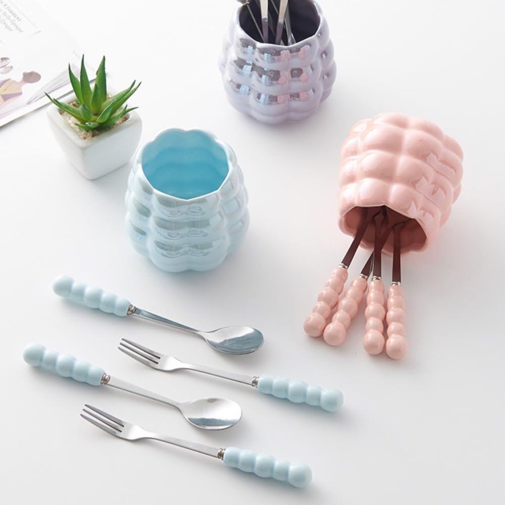 Juego de palillos de frutas de postre, 6 tenedores de acero inoxidable para vajilla, bonito diseño con tarro de almacenamiento creativo para uso doméstico