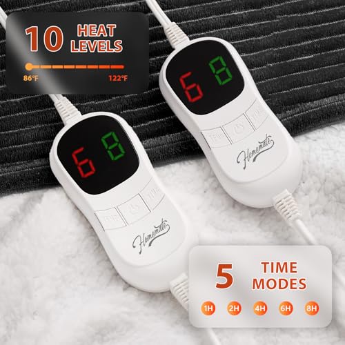 Image of Homemate Electric Heated Blanket King Size - 100 inchx90 inch Heating Blanket King Size Dual Control 1 /2 /4 /6 /8 Hours Auto-Off 10 Heat Level Over-Heat Protection Soft Flannel Sherpa ETL Certification