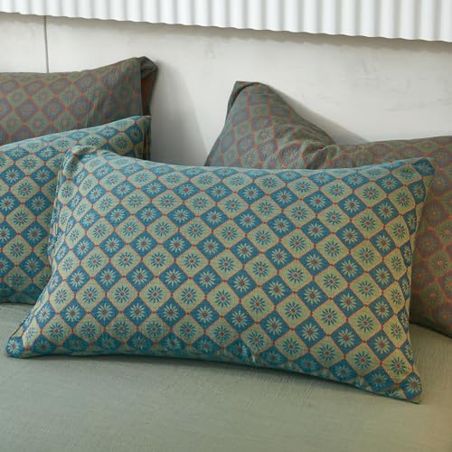 Image of VM VOUGEMARKET Boho Duvet Cover King Geometric Pattern,3Pcs Yarn-Dyed Muslin Cotton Duvet Cover Set Blue Green Flower Bedding Set for Girls Women Without Comforter