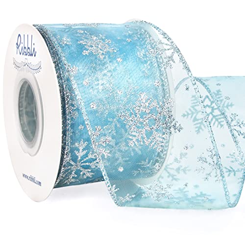 Ribbli Snowflake Glitter Wired Organza Sheer Ribbon with Silver Glitter Snowflake Pattern and Silver Metallic Edge, 2-1/2 Inch x 10 Yards Christmas Ribbon for Tree Decoration