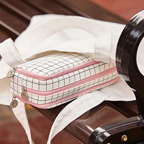 Angoobaby Large Pencil Case Big Capacity 3 Compartments Canvas Pencil Pouch For Teen Boys Girls School Students (Pink Strip Black Grid) #TOP3
