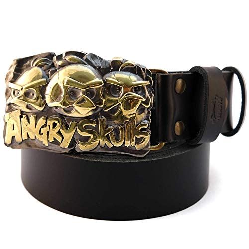 Leather belt with brass buckle Angry Skulls; Handmade Brass Belt Buckle with Fun buckle, Buckle with Cartoon heroes, Birds belt buckle, belt buckle Gamers