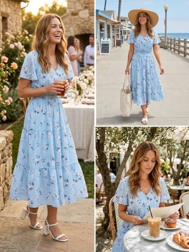 Image of Bridesmay Women's Summer Floral Midi Dress V Neck Short Sleeve A-Line Casual Beach Vacation Dresses Flowy