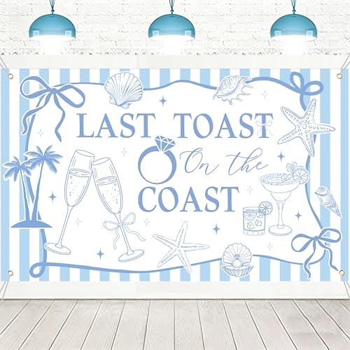 Last Toast on The Coast Backdrop LUCKYQUBE Coastal Beach Bachelorette Party Decorations Blue Summer Beach Backdrop Seashell Champagne Glass Decor for Wedding Engagement Party Supplies