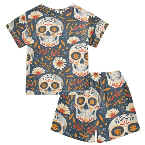 ALAZA Skeleton Flower Floral Sugar Skull Pajamas Set Short Sleeve Cotton Sleepwear Summer Pjs 2 Piece 5-14Y2