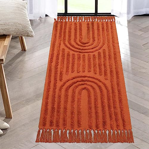 Image of LEEVAN Washable Kitchen Rug 2'x4.3', Boho Hand-Woven Entryway Rug, Terracotta Rainbow Bedroom Rug with Tassels, Farmhouse Tufted Bathroom Rugs, Durable Bohemian Rugs for Bedside/Laundry/Nursery