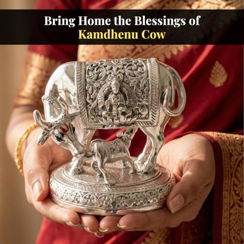 Image of 999 Pure Silver Plated Kamdhenu Cow Idol - 6 Inch Large Auspicious Vastu Home Decor for Pooja Room and Mandir - Sacred Symbol of Prosperity, Abundance and Success