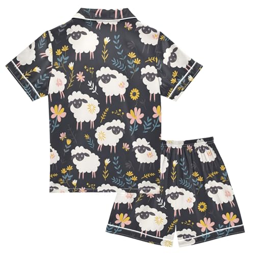 ALAZA Sheep Blossom Flower Leaf Satin Pajamas Set Short Sleeve Button Down Sleepwear Summer Pjs 2 Piece2
