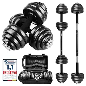 2 in 1 Kurzhanteln & Langhantel Verstellbar【15-50 kg】mit Übungs-E-Book, Gewichtsset mit Verbindungsstange und Eisenplatten, Aufbewahrungskoffer, Heim-Fitnessstudio (Iron Transformer)