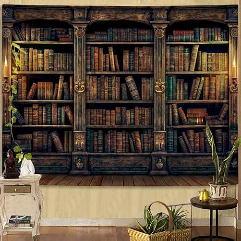 YEXIT Retro Bookshelf Wall Tapestry, Vintage Design Cover