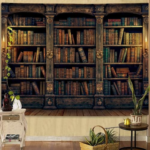 Yexit Retro Bookshelf Wall Tapestry, Vintage Books Study Library Tapestries For College Dorm Bedroom Magic Caslte Backdrop 36×48 Inch cover