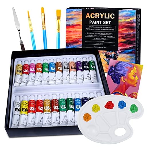 VICBAY 24 Tubos Pinturas Acrílicas para Pintar, Juego de Pinturas Acrílicas, Paquete de 24 x 12 ml, 3 Pinceles, 1 Tableros de Dibujo, 1 Raspador, 1 Paleta, No Tóxicos para Principiantes o Niños