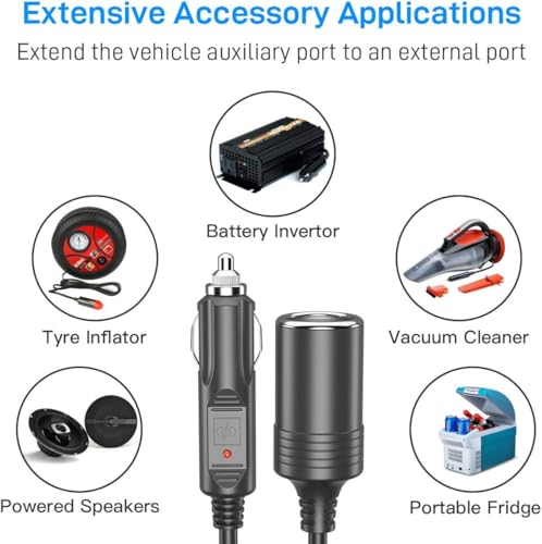 Image of Car Charger Extension 12V /24V 1.5 Mtr. Cigarette Lighter Socket Male to Female for Tyre inflators, Vacuum Cleaners, Portable Equipment.