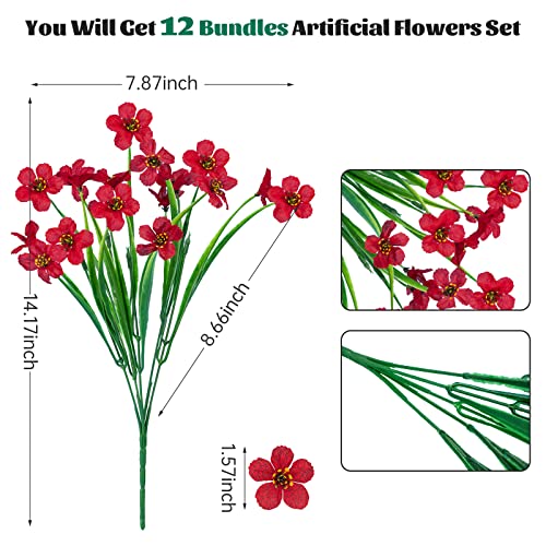 Lnoicy 12 Pcs Artificial Flowers for Outdoor,Plastic Flowers Decoration, UV Resistant Faux Flowers Shrubs, Artificial Plants for Indoor Outside Garden Home Wedding Farmhouse（Rose Red）