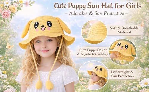 Image of FabSeasons Kids Cute Straw Sun Hat with Moving Ears (Ages 4-8 Years) | UV Protection, Wide Brim, Foldable, Beach Bucket Cap | Girls & Boys Breathable Summer Sun Hat with Inner Adjustable String