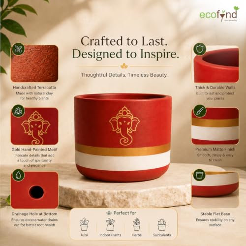 Image of ecofynd 4.5 Inch Ganesha Symbol Terracotta Pot for Indoor & Outdoor Plants, Decorative Flower Pot for Tulsi, Succulents, Herbs, Balcony, Home Temple, Living Room & Office Decor (TPOT012-BRNWHT)