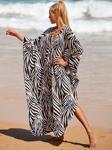 Image of IMAGEKOPE Women's Plus Size Animal Print V-Neck Batwing Kaftan Beach Dress Bathing Suit Cover-Up Loungewear