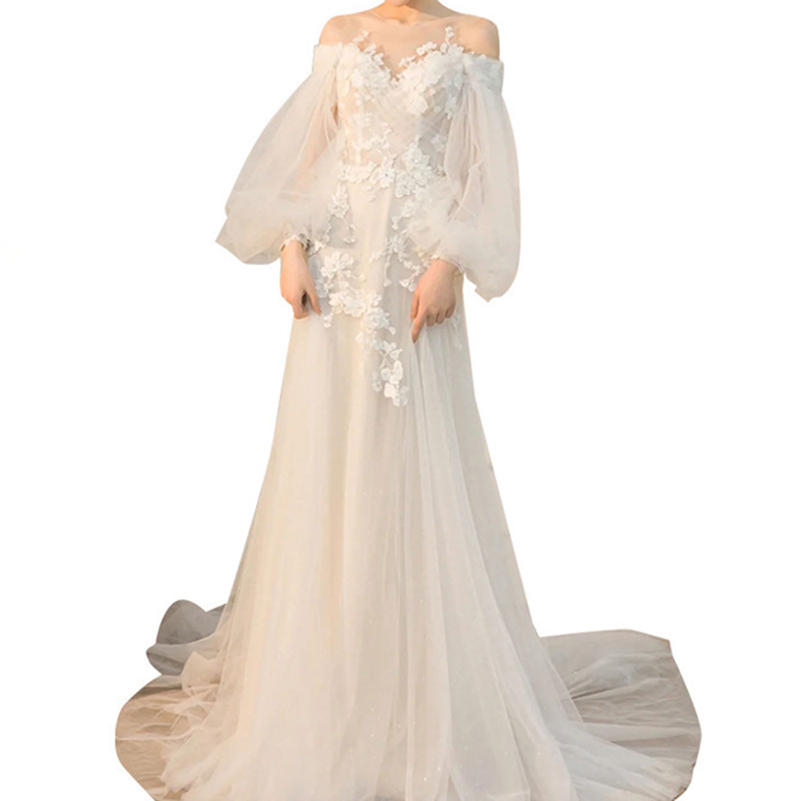 Enigmaire Wedding Bride Dress,Women's Long Sleeve Mermaid Wedding Dresses,A-line Bridal With Train,Bride Sleeveless Lace,Tulle,Train,for Festivals,dances And Other Special Occasions